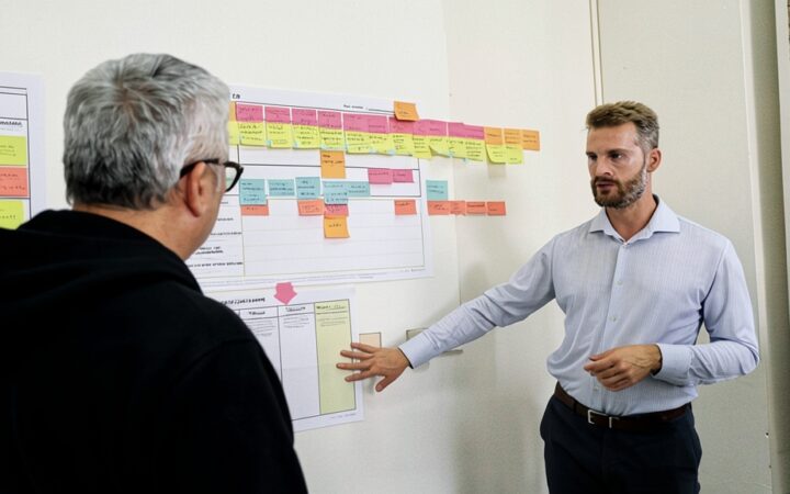 Profesionales reunidos analizando un modelo de negocio circular en una oficina corporativa