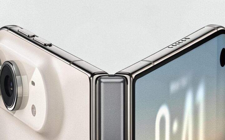 Ilustración conceptual de un smartphone plegable moderno sobre una superficie neutra.
