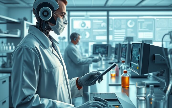 Ilustración conceptual de un laboratorio de investigación científica moderna.