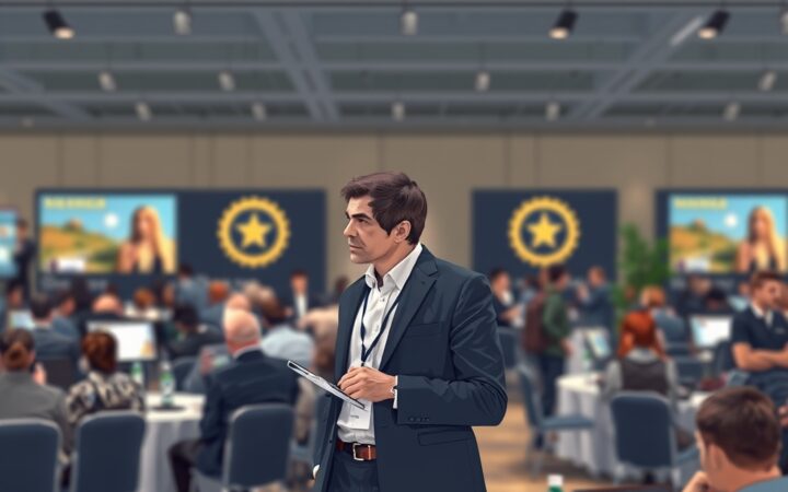 Ilustración conceptual de un evento de marketing y estrategia turística con gráficos digitales.