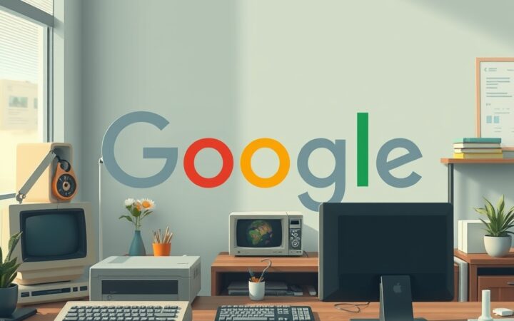 Ilustración digital conmemorativa del aniversario de un buscador web con elementos retro.