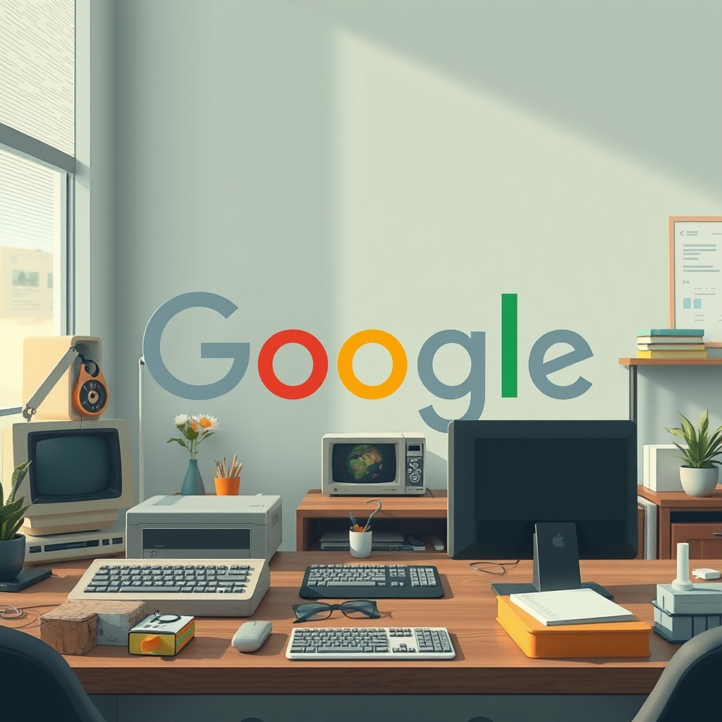 Ilustración digital conmemorativa del aniversario de un buscador web con elementos retro.