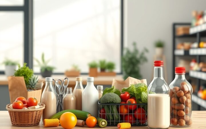 Ilustración de una cesta de la compra con productos frescos y envases sostenibles.
