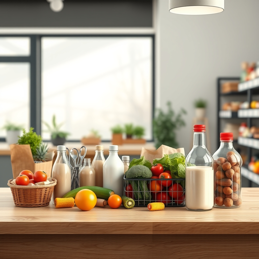 Ilustración de una cesta de la compra con productos frescos y envases sostenibles.