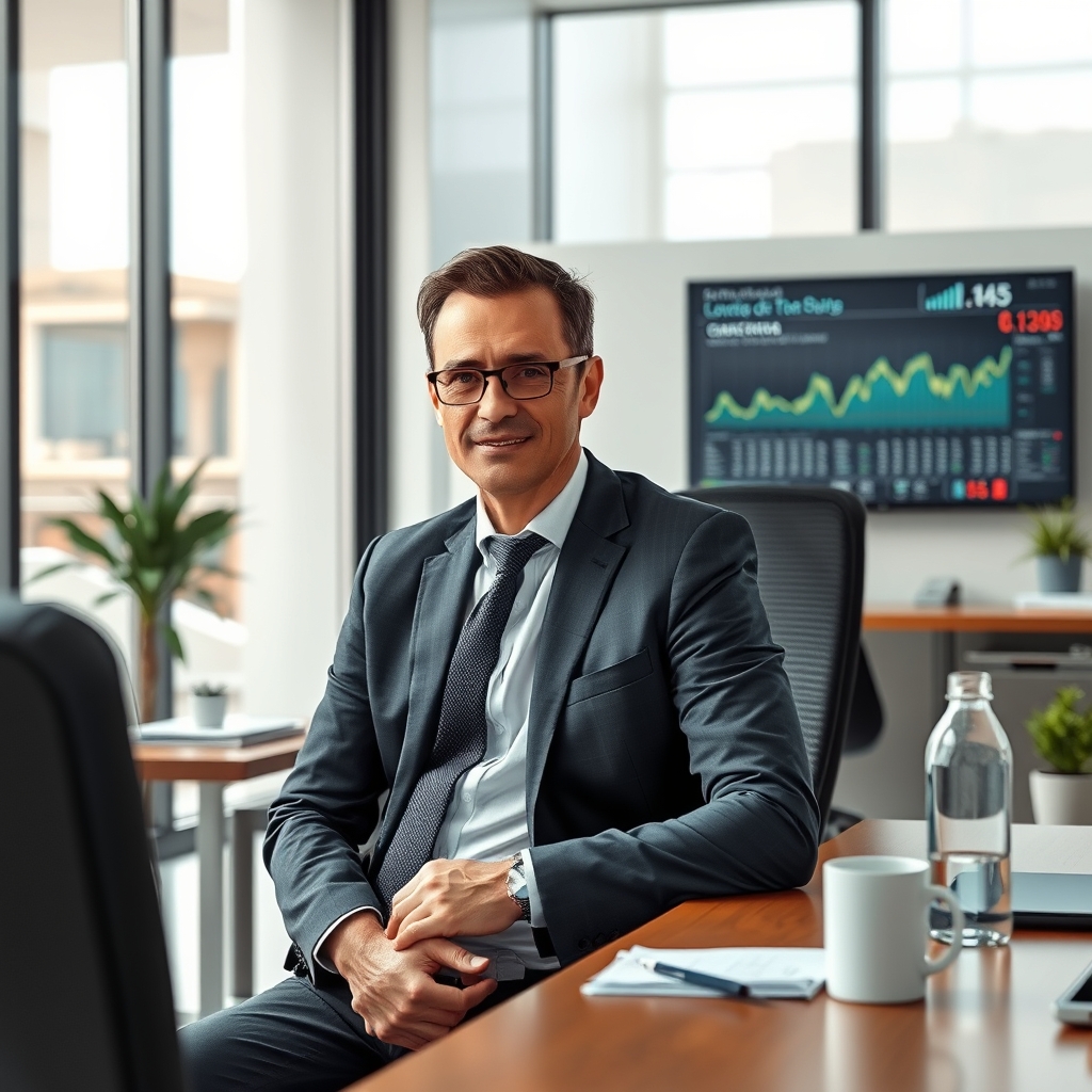 Oficina corporativa moderna en Madrid con elementos de análisis financiero y comunicación empresarial