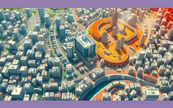 Ilustración editorial de una ciudad con islas de calor urbana