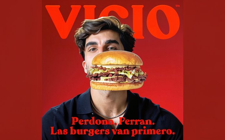 Ilustración conceptual de una hamburguesa en primer plano frente a un deportista en segundo plano