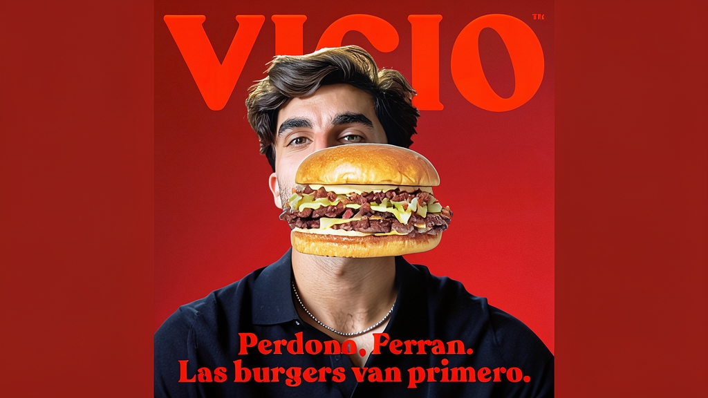 Ilustración conceptual de una hamburguesa en primer plano frente a un deportista en segundo plano