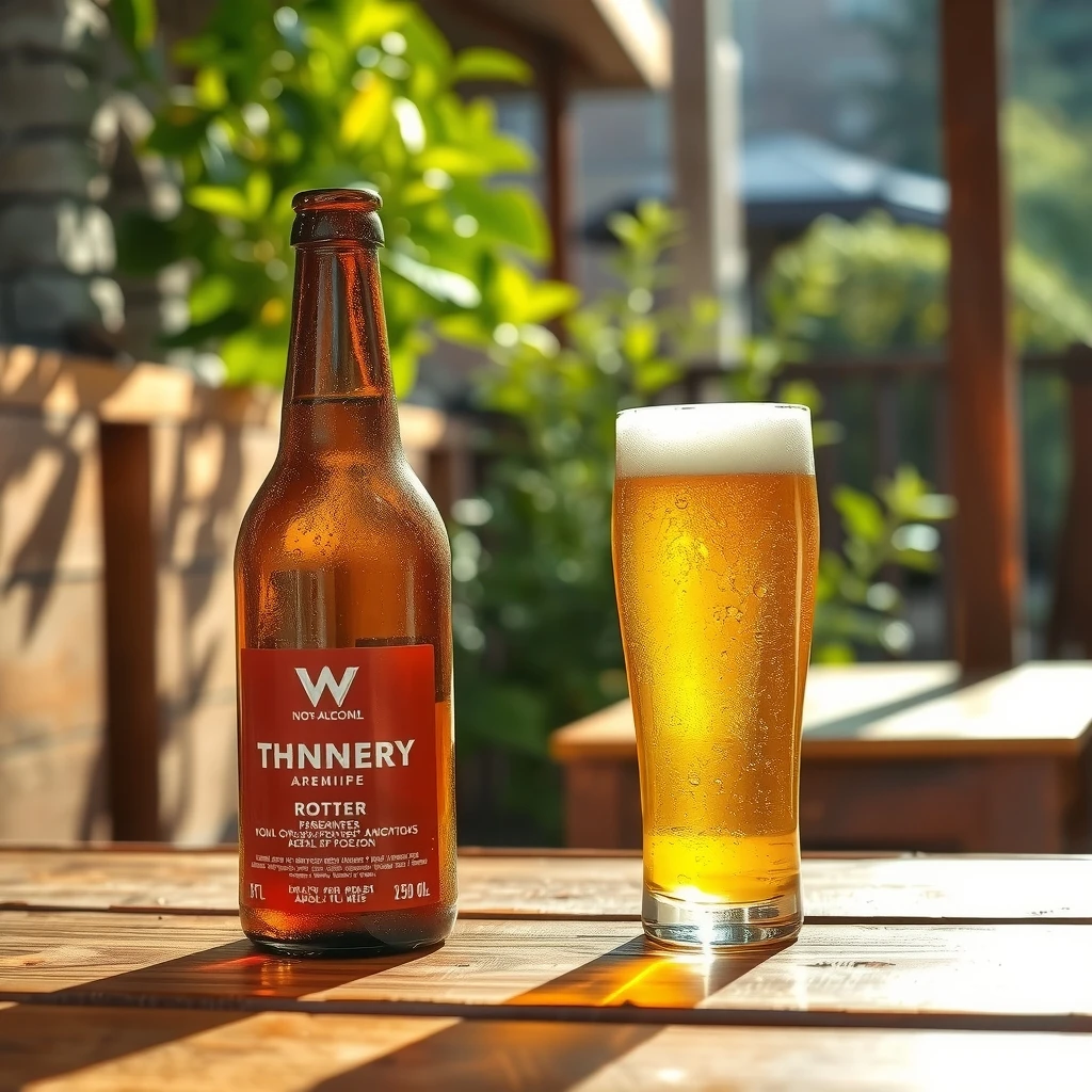 Botella de cerveza sin alcohol y vaso lleno con espuma sobre una mesa de madera al aire libre.