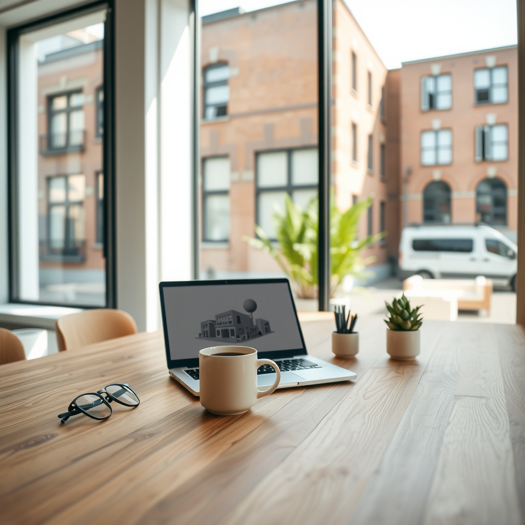Escritorio de madera moderno y luminoso junto a un gran ventanal con vistas a edificios de ladrillo visto. Sobre la mesa hay un ordenador portátil abierto, una taza de café, unas gafas, un pequeño portalápices y una planta decorativa en maceta.