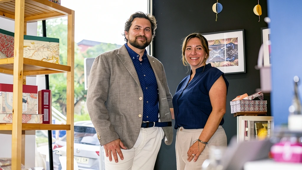 Giuliano Camilleri y Alicia Oceja, fundadores de Artpapel Bookstudio Santander, en su tienda con estanterías de madera y obras expuestas.