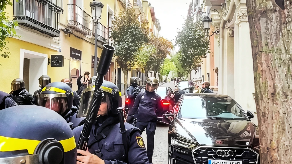 Agentes antidisturbios de la policía en una calle de Madrid durante una protesta del sector educativo.