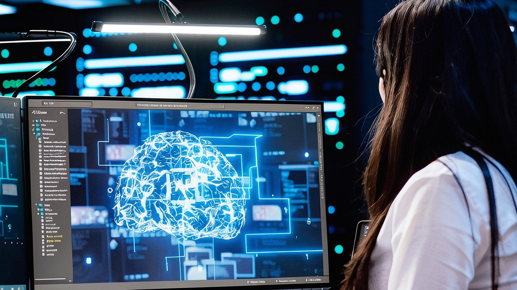 Una analista de perfil en una sala de control observando pantallas con gráficos de inteligencia artificial y datos financieros.