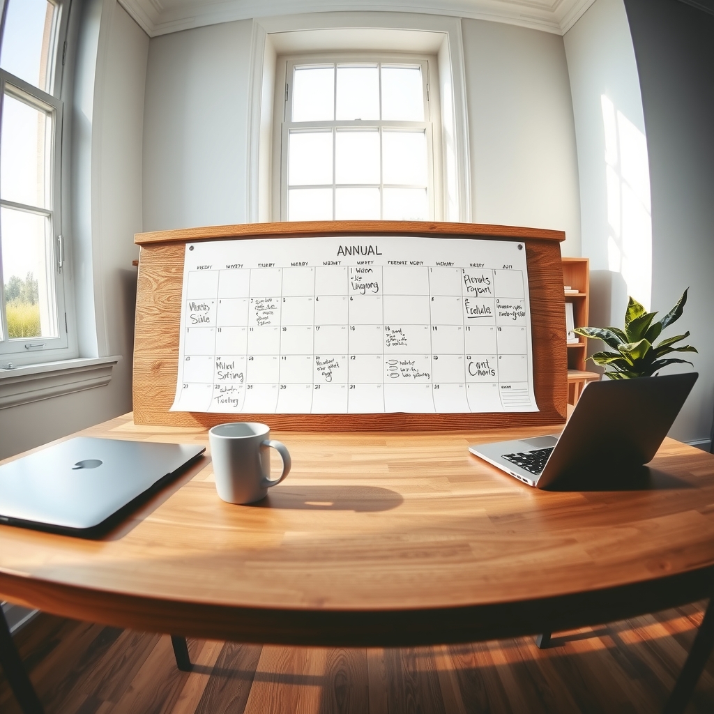 Escritorio de madera con un calendario anual de planificación, dos ordenadores portátiles, una taza de café blanca y una planta, en una habitación luminosa con grandes ventanas.