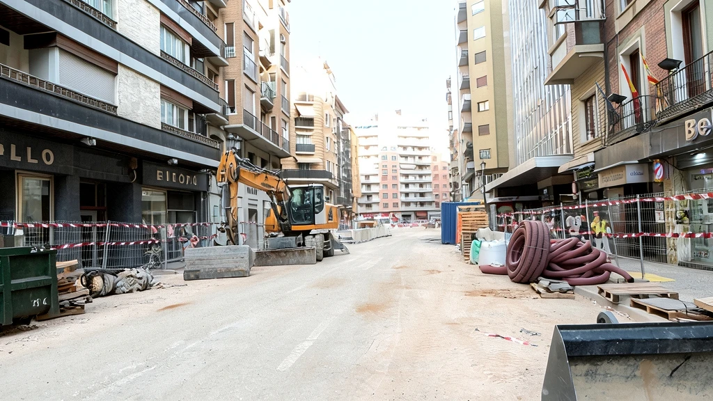 Fotografía editorial de una calle en obras con maquinaria de construcción y materiales apilados, ilustrando el encarecimiento de costes en el sector.