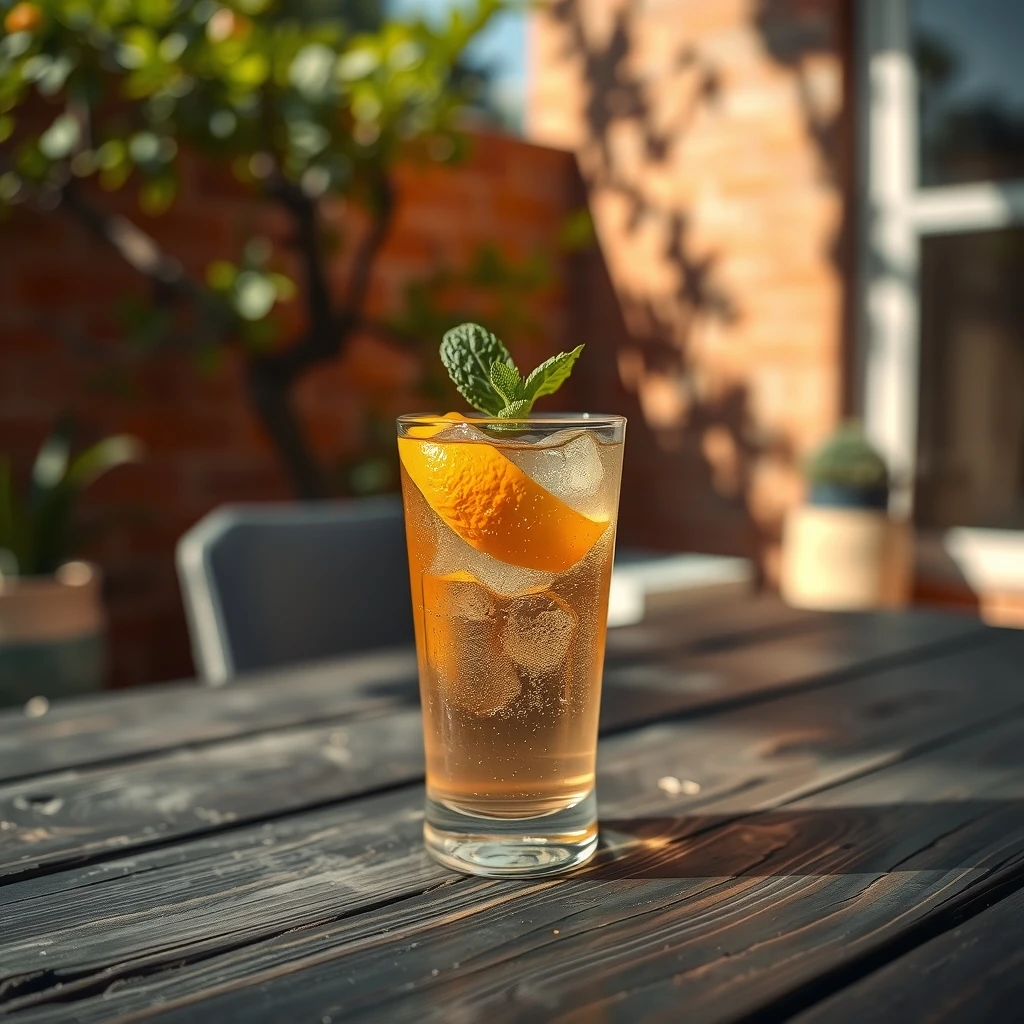 Vaso alto con una bebida refrescante con hielo, una rodaja de mandarina y hojas de hierbabuena sobre una mesa de madera al aire libre.