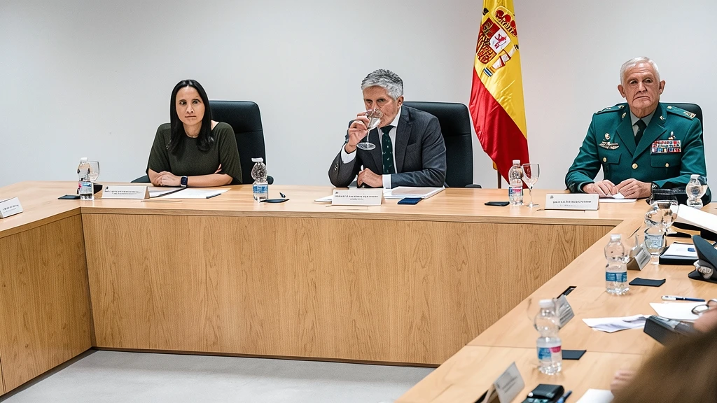 Fotografía institucional de Mercedes González, Fernando Grande-Marlaska y el DAO de la Guardia Civil Manuel Llamas reunidos en una mesa de trabajo.