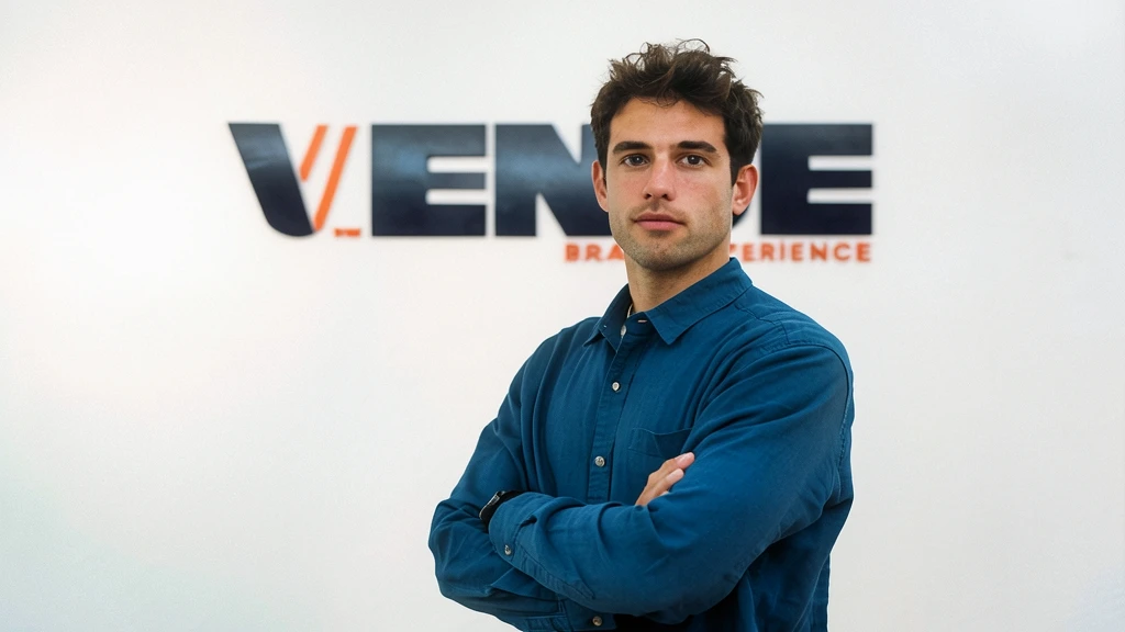 Retrato de Santiago Puig de Lafuente, Managing Partner Europe de Venue Brand Experience, con camisa azul cruzado de brazos ante fondo blanco con el logotipo de la empresa.