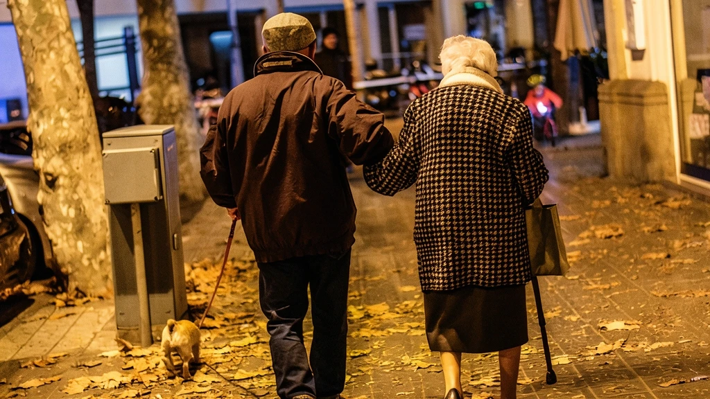 Pareja de ancianos paseando de noche por la acera de una ciudad junto a un perro con correa, con iluminación urbana y hojas caídas en el suelo.