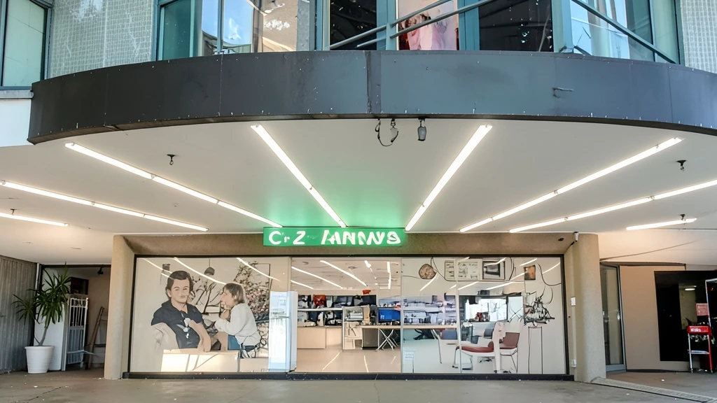 Fachada de un centro comercial con toldo iluminado y escaparate decorado