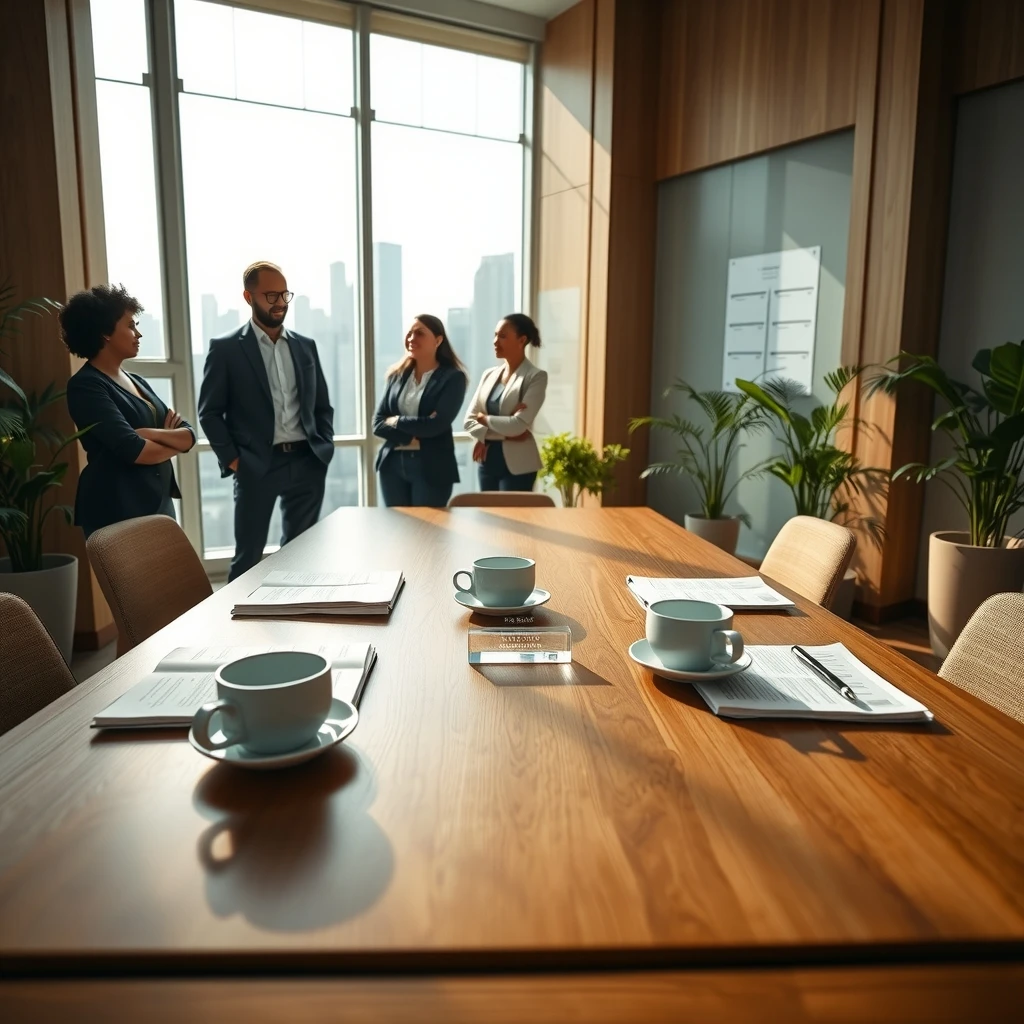 Fotografía editorial de una reunión corporativa en una sala luminosa con un equipo diverso de profesionales de pie junto a un gran ventanal y una mesa de reuniones de madera con tazas de café y documentos.