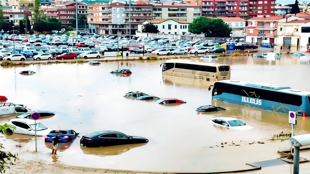 Calle inundada con vehículos y autobuses sumergidos tras fuertes precipitaciones en Malgrat de Mar.