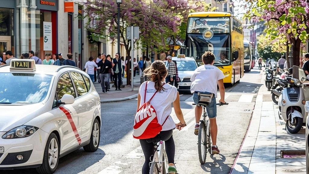 Fotografía urbana con ciclistas circulando por la calzada y un taxi de Madrid junto a un autobús amarillo en una calle arbolada.