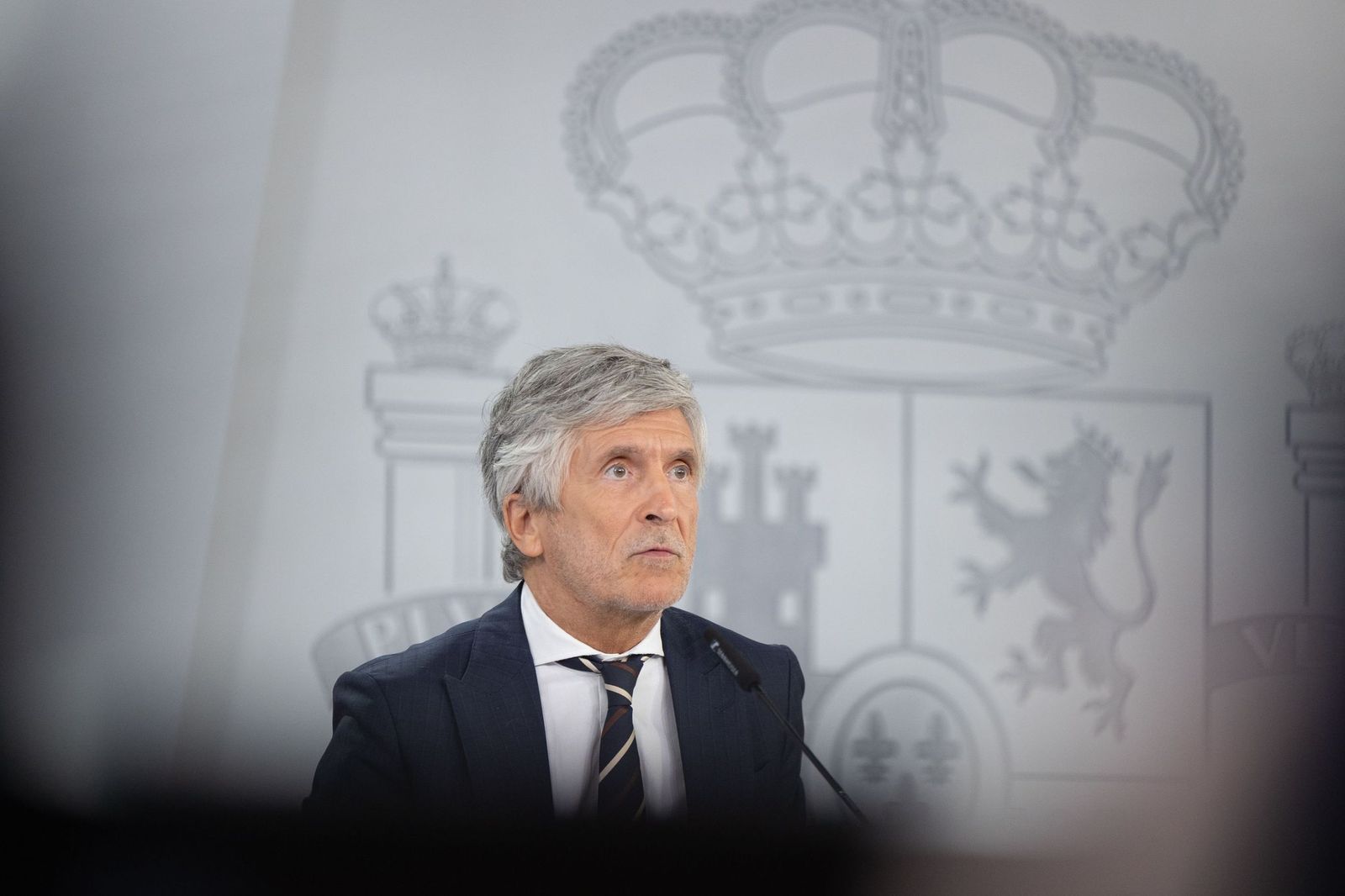 Fernando Grande-Marlaska compareciendo en una rueda de prensa con el escudo de España de fondo