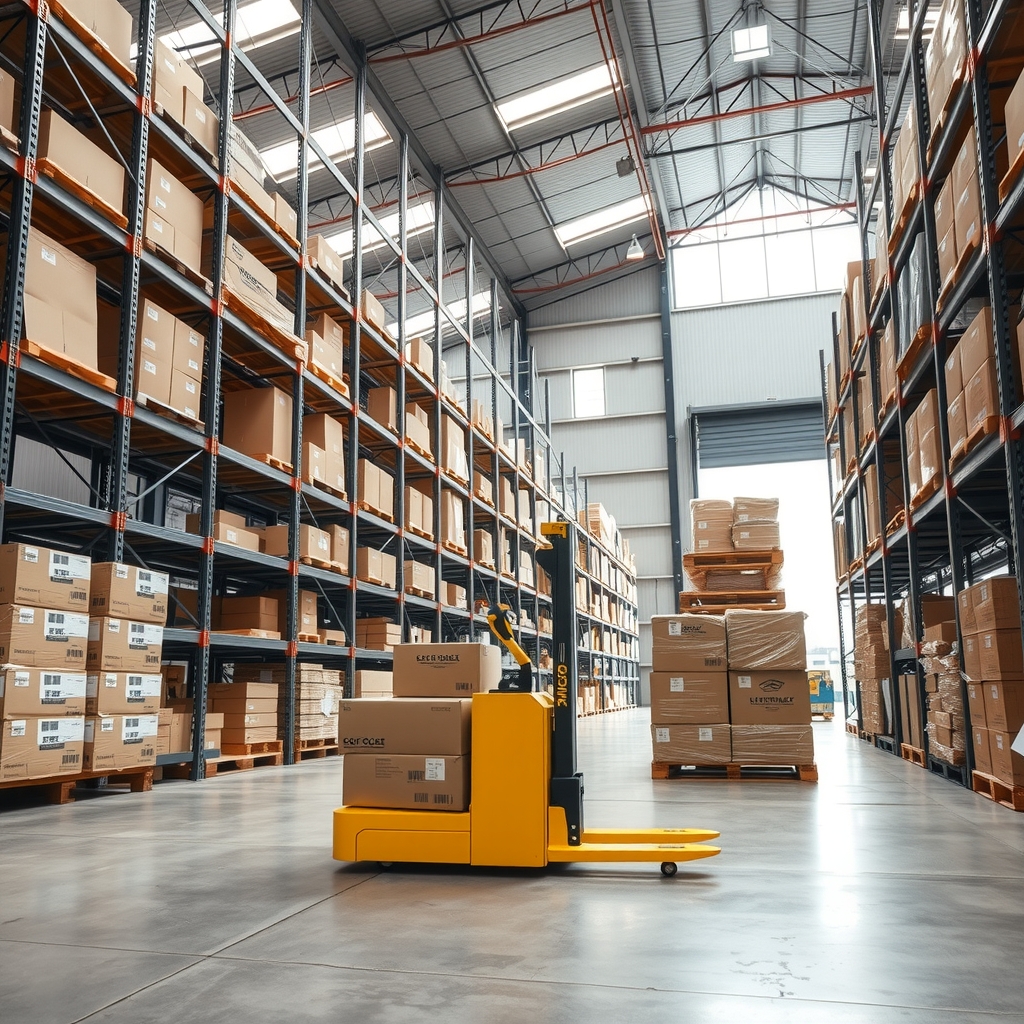 Gran almacén logístico con estanterías metálicas repletas de cajas de cartón y una carretilla elevadora amarilla en primer plano.