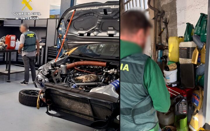 Agentes del SEPRONA de la Guardia Civil durante la inspección de un taller mecánico ilegal en Cantabria.