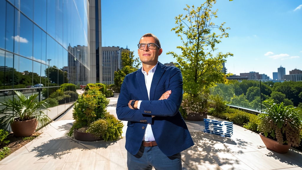 Retrato de Horacio Morell, presidente de IBM en España, de pie con los brazos cruzados en una terraza moderna al aire libre con edificios y vegetación al fondo.