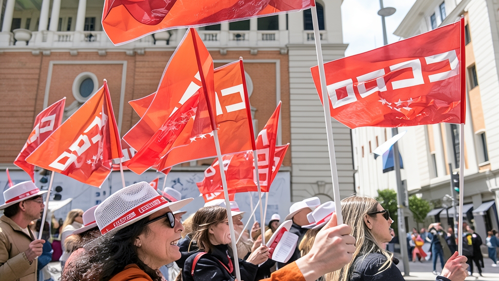 Fotografía editorial de manifestantes portando banderas rojas de Comisiones Obreras (CCOO) y sombreros blancos durante una protesta sindical en la calle.
