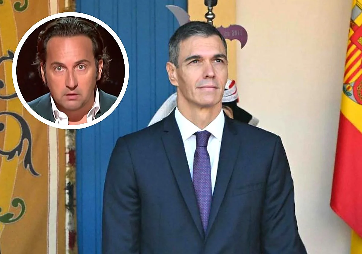 Fotografía editorial de Pedro Sánchez en traje oscuro y corbata morada, junto a una bandera de España, con un inserto circular del presentador Iker Jiménez.