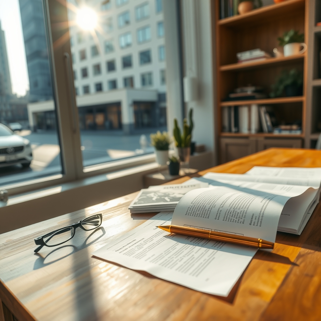 Escritorio de madera iluminado por el sol con documentos legales, un bolígrafo dorado, gafas y una ventana grande con vistas a la calle y edificios.