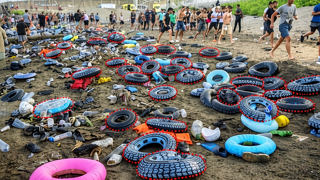 Fotografía editorial que muestra una playa llena de neumáticos, flotadores y restos tras una crisis migratoria, con personas y agentes al fondo.