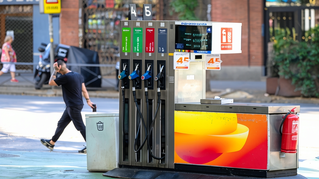 Vista de una estación de servicio con surtidores de combustible, un extintor rojo y una persona caminando de fondo.