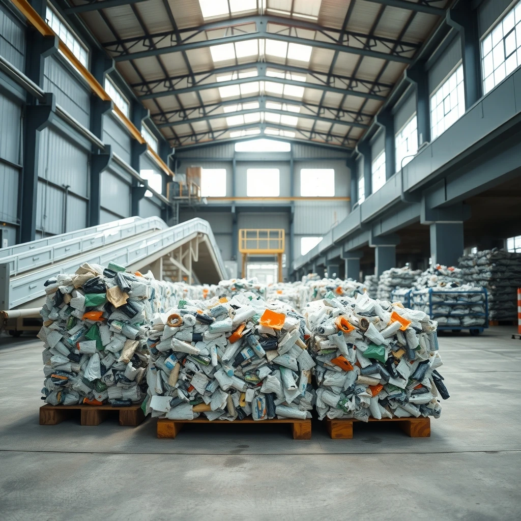 Fotografía editorial de una planta de reciclaje industrial con grandes fardos de plástico compactado sobre palés de madera en primer plano y maquinaria automatizada al fondo.