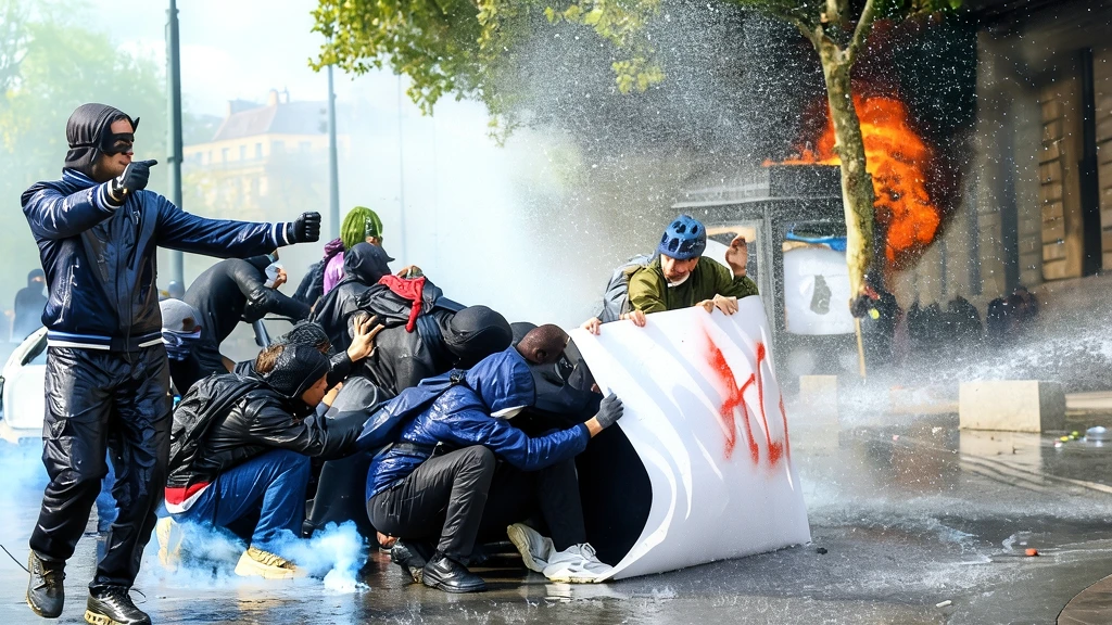 Manifestantes protegidos tras una gran pancarta blanca en una calle durante una protesta en Francia con enfrentamientos y fuego al fondo.