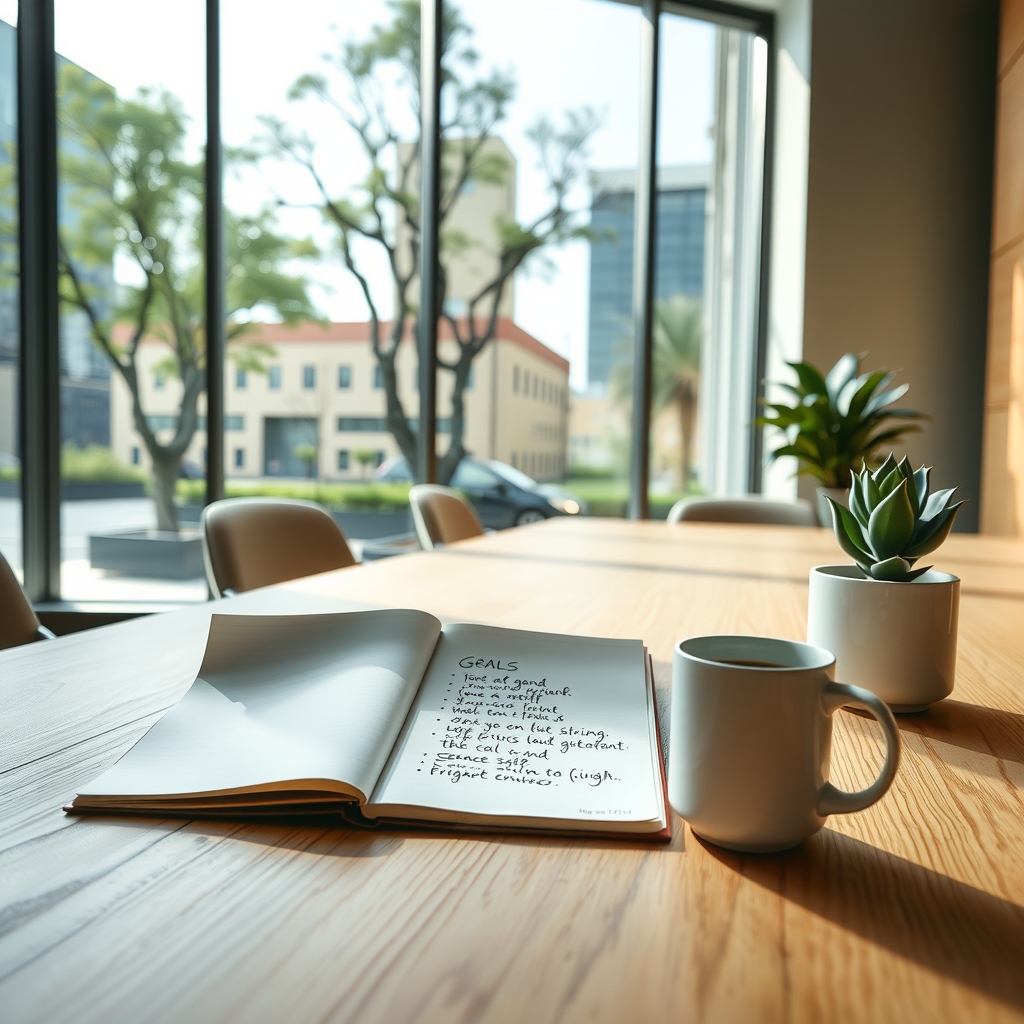 Fotografía editorial de una mesa de reuniones de oficina con una taza de café, una libreta abierta con anotaciones escritas a mano y una pequeña planta en maceta, frente a grandes ventanales con vistas a edificios y árboles.