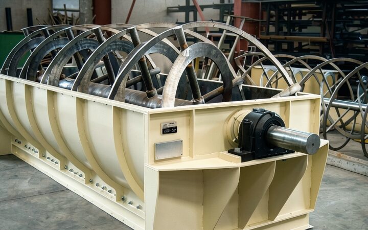 Mezclador horizontal industrial de gran capacidad con estructura metálica y eje de palas expuesto en una planta de fabricación.