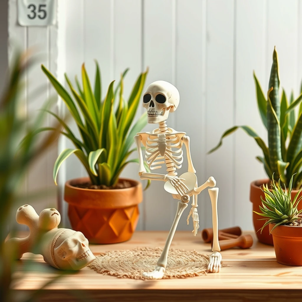 Fotografía editorial de un esqueleto articulado de juguete decorativo sobre una mesa de madera junto a varias plantas en macetas y un cráneo estilizado.