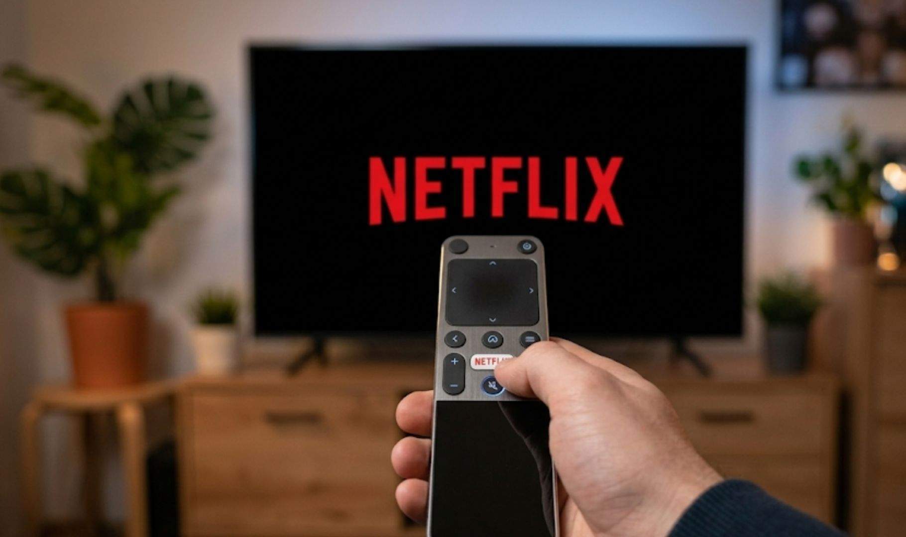 Mano sosteniendo un mando a distancia frente a una televisión que muestra el logotipo de Netflix en la pantalla.
