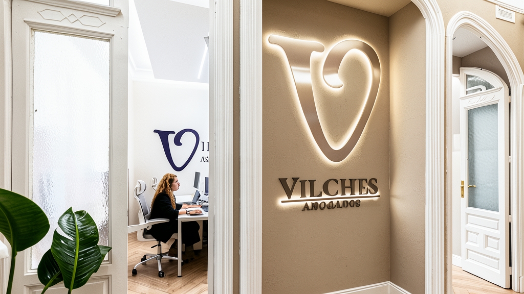 Fotografía editorial de la nueva sede de Vilches Abogados con el logotipo iluminado en la pared y una trabajadora en la oficina interior.
