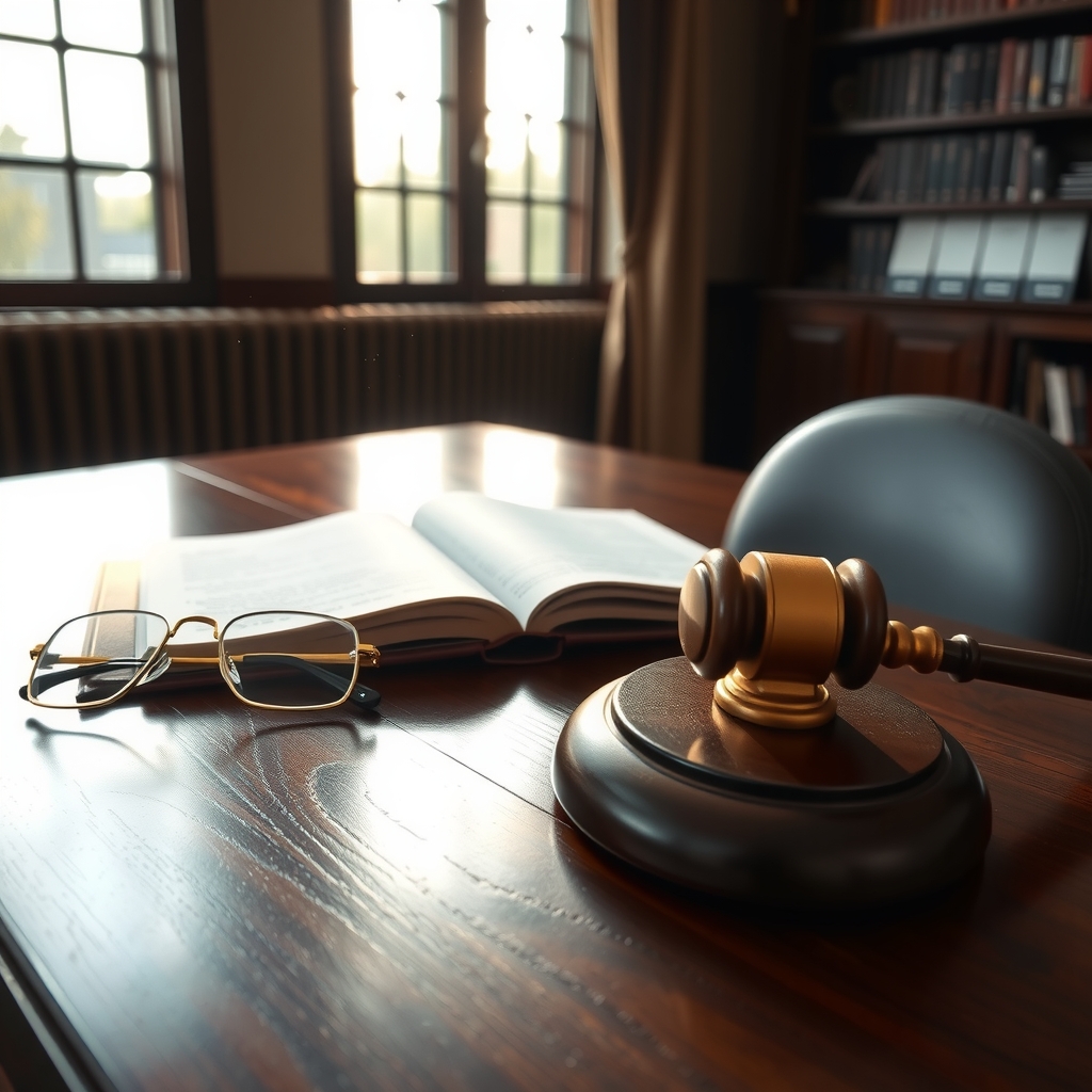 Fotografía editorial que muestra un despacho con un mazo de juez sobre su base de madera, un libro de derecho abierto y unas gafas con montura dorada sobre una mesa de madera oscura.