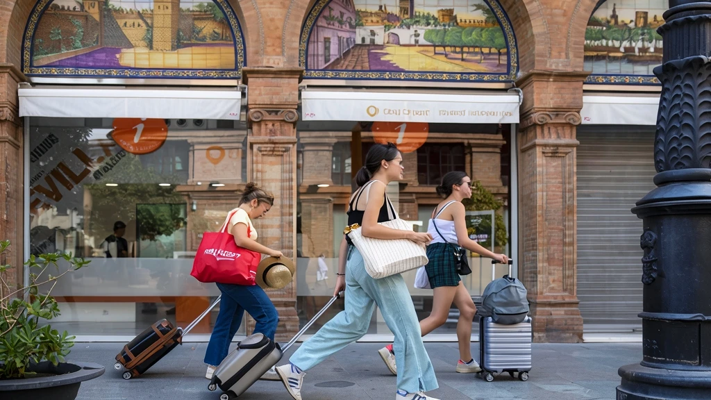 Tres turistas caminando por una calle con maletas y bolsas de viaje frente a un edificio con azulejos decorativos.