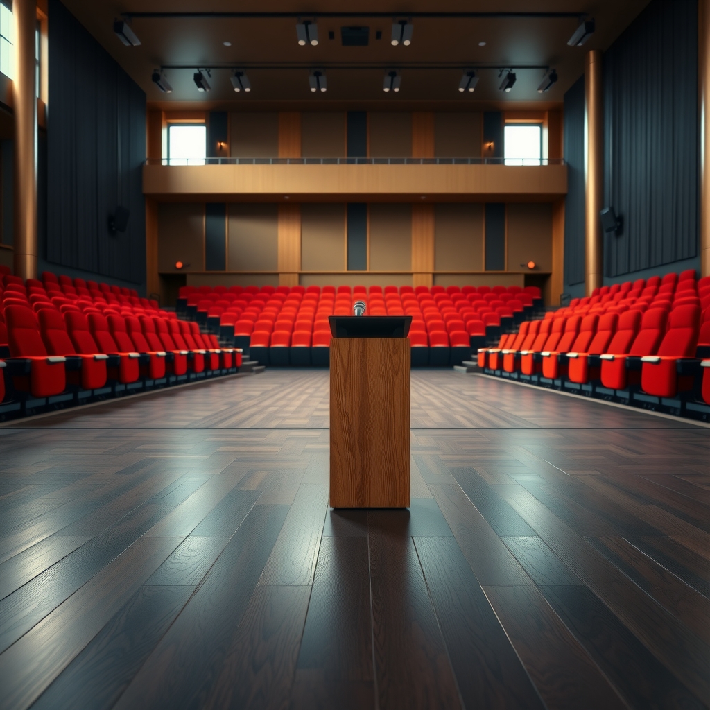 Fotografía editorial de un auditorio amplio con suelo de madera oscura, butacas rojas organizadas en gradas a ambos lados y un atril de madera con un micrófono en el centro.