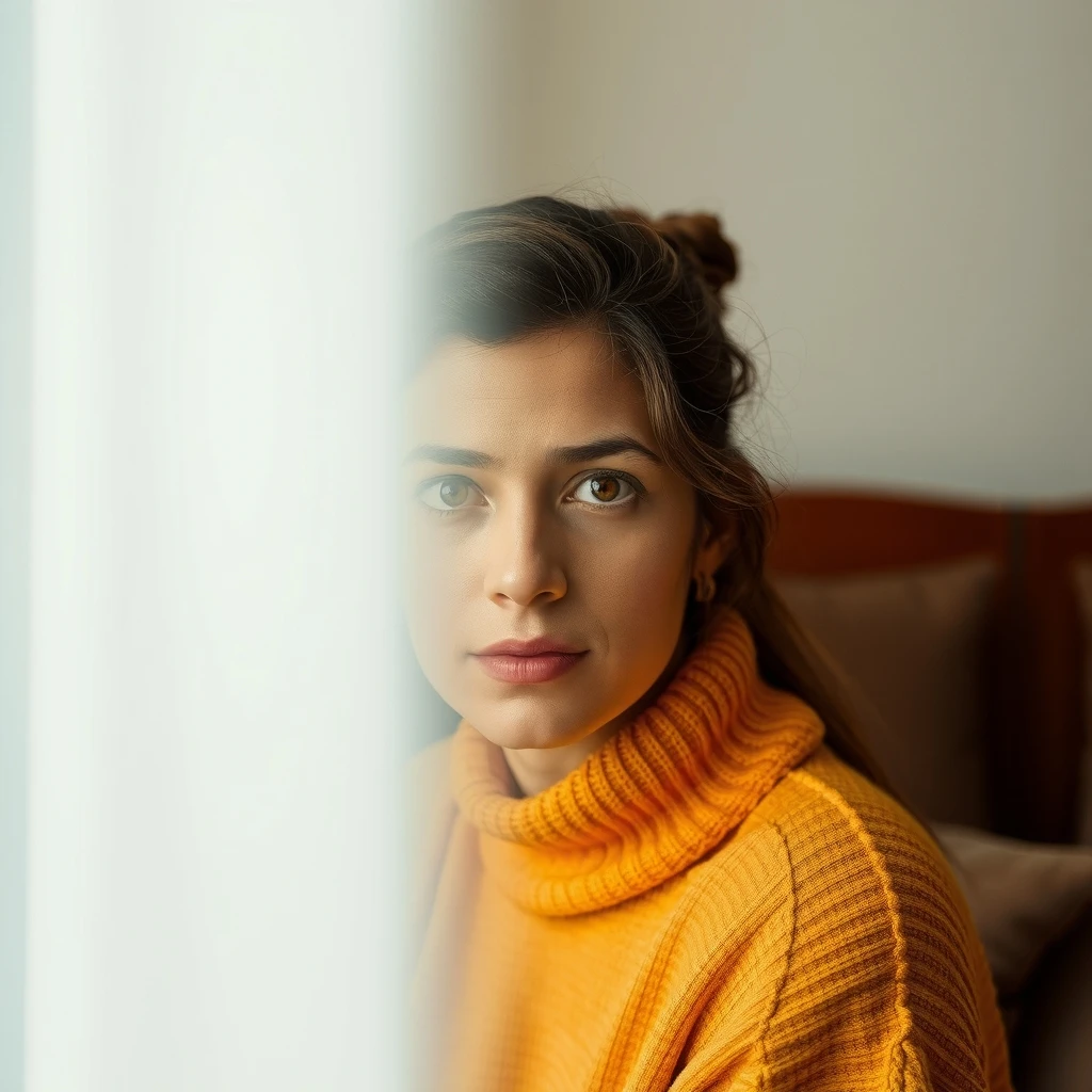Retrato fotográfico de una mujer joven con jersey de cuello alto amarillo, mirando a cámara con el lado izquierdo parcialmente oscurecido por un desenfoque lateral.