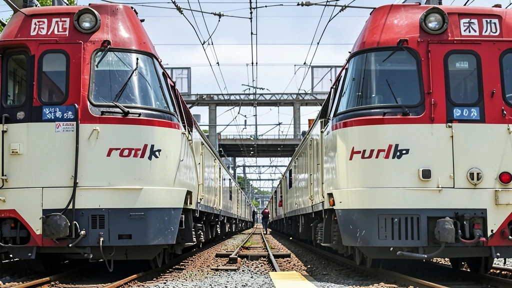 Dos trenes de cercanías rojos y blancos parados en vías paralelas en una estación ferroviaria.