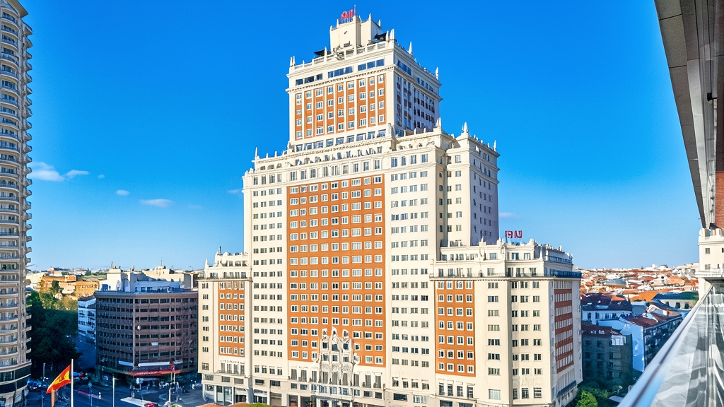 Fotografía del edificio del Hotel Riu Plaza España en Madrid bajo un cielo azul despejado, con la bandera de España abajo a la izquierda.