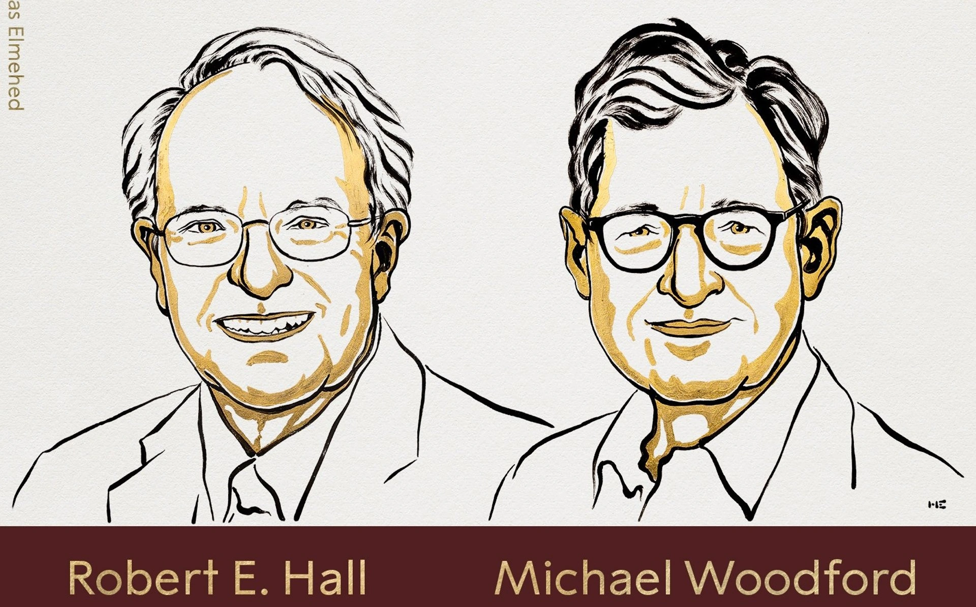 Ilustración artística de los economistas Robert E. Hall y Michael Woodford con nombres grabados en el margen inferior sobre fondo marrón.